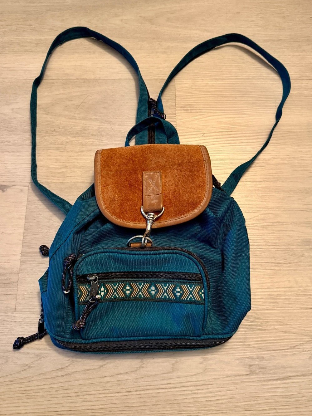 Rare Vintage Mini backpack bag Leather Flap Forest Green Indian designs 90s